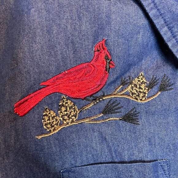 Blair Women Embroidered Bird Cardinal Blue Chambray Roll Tab Collared Shirt XL - Picture 5 of 11